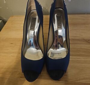 Badgley Mischka Deep Navy Satin Peep-Toe Heels with Embellished Back